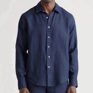 QUINCE 100% EUROPEAN LINEN LLNG SLEEVE MENS BUTTON DOWN TOP NAVY SIZE  LARGE